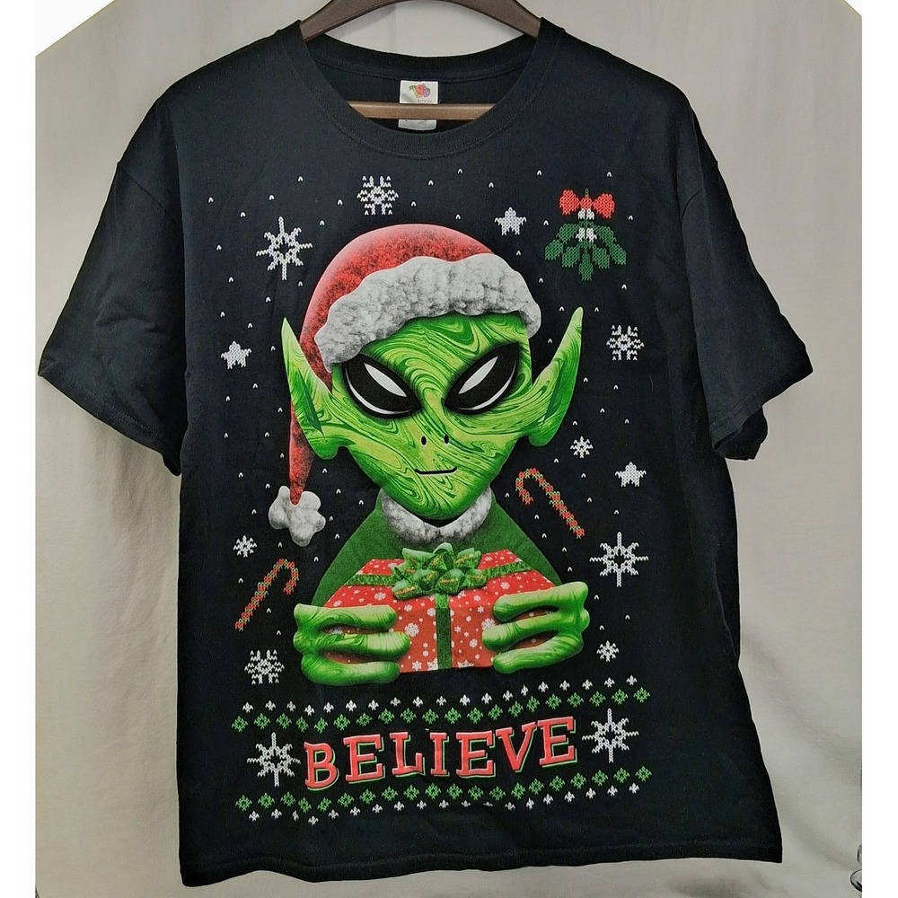 Alien Believe Christmas T-Shirt Unisex Black 100% Cotton Size‎ Large